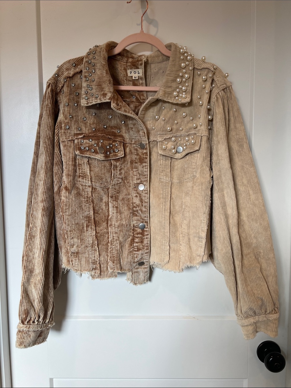 POL M Beige Studs Pearl-Embellished Cropped Corduroy Jacket Distressed
